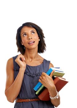Teacher thinking, woman with books for reading and teaching with learning and education against white background. Academy, school and learn with knowledge and study, vision and academic motivation