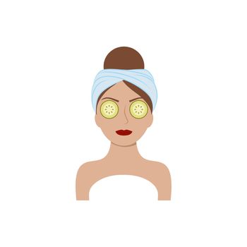 The face of a beautiful girl with a towel on her head and cucumbers in her eyes. Skin, body, face, and eye health care. Vector illustration of a cartoon. Cosmetologist services, beauty salon, Spa, beauty Studio.