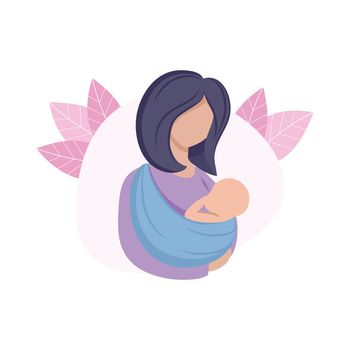 The mother holds the child in a sling. Mother and newborn baby. Pregnancy, childbirth, motherhood. Vector flat cartoon illustration. The concept of Family and maternal love. Drawing for a web page