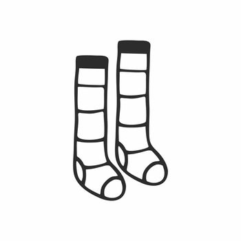 Striped socks knee socks drawn in Doodle style. Black and white vector sketch of clothing for home. Tights, socks and knee socks for the feet. Hand-drawn illustration isolated on a white background.