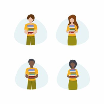 A set of vector flat illustrations. People of different nationalities and genders hold books. An Afro man and woman hold textbooks from the library. Drawings for a bookstore, app, or website.