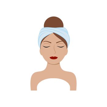 Beautiful girl with a towel turban on her head. Logo of a beauty salon, medical center, cosmetology. Vector stylized flat illustration