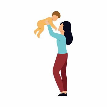 The mother holds the child over . The mother and the child. Vector flat illustration on the topic of parenting.