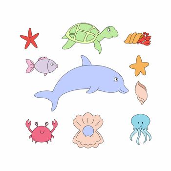A set with marine life. Turtle, starfish, and fish. Collection of elements for a children's book. Vector illustration in the doodle style.