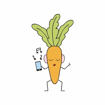 Funny carrot is listening to music on your smartphone. Funny character for children's stickers. Vector illustration with fruits and vegetables in the doodle style.