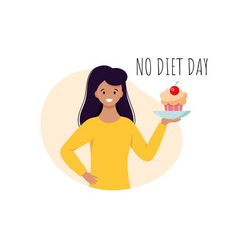 No diet day. A woman holds a plate of cupcake in her hands.