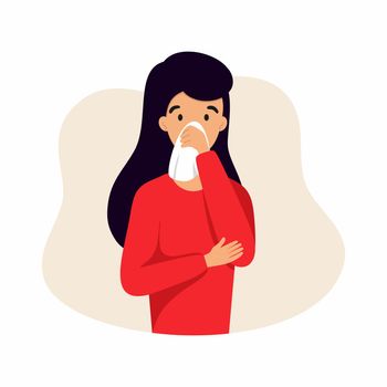 The girl suffers from a runny nose and nose diseases. Vector character with symptoms of a viral or bacterial infection.