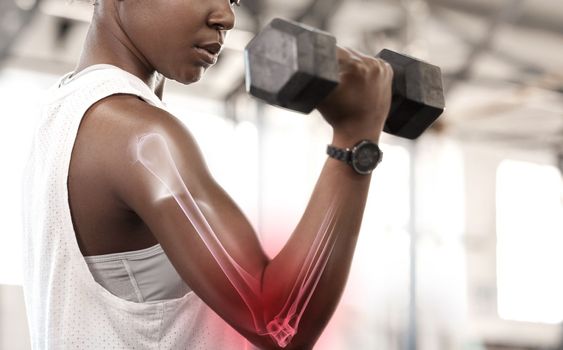 Bone hologram overlay, black woman athlete and weight training of a strong female athlete. Gym workout, strength exercise and arms muscle gain with red joint inflammation illustration with fitness