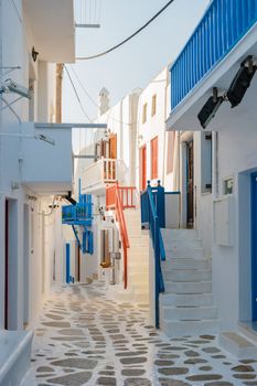 empty street of Mykonos Greek village in Greece, colorful streets of Mikonos village