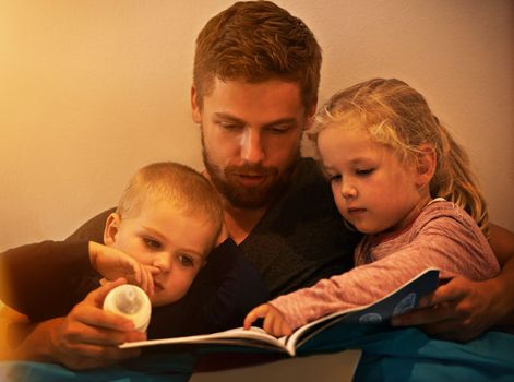 They love the pictures. A father reading a bedtime story to his kids.