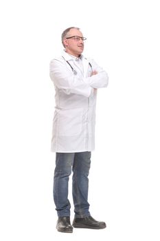 Medical professional in lab coat wearing glasses on white background full length