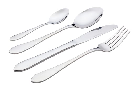 Stylish stainless steel cutlery set with fork, knife, spoon, and teaspoon isolated on white.