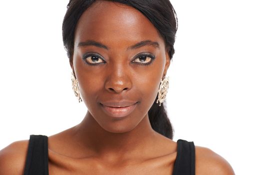 Natural beauty in focus. Young African woman isolated on white - head and shoulders portrait.