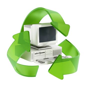 Recycling old computer equipment concept. 3D illustration