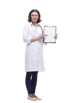 Mature female doctor with clipboard. isolated on a white
