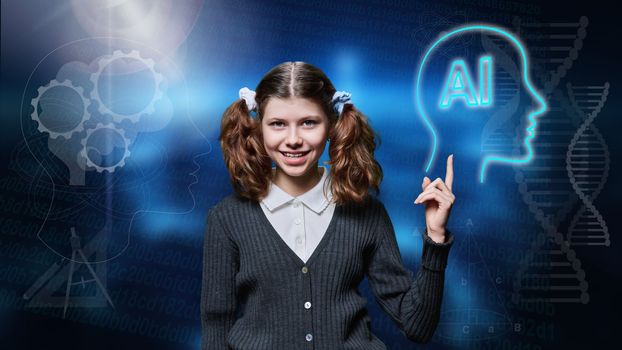 Preteen schoolgirl showing hand glowing artificial intelligence sign icon
