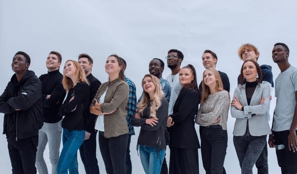 young people look up on a white background
