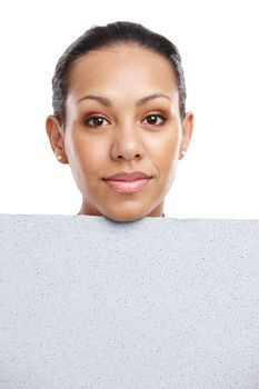 Face, portrait and woman with poster for mockup, marketing or advertising space in studio isolated on a white background. Product placement, branding and female with banner for mock up or promotion.