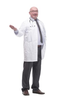 successful mature doctor in a white coat .