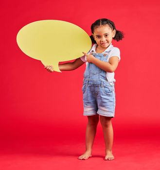 Child portrait, pointing or speech bubble in ideas, opinion or vote on isolated red background in social media or news. Smile, happy or kid showing banner, paper or cardboard poster in speaker mockup