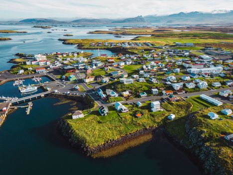 Stykkisholmur a small fishing town in Iceland with colorful houses on a sunny day
