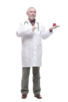 elderly competent doctor with a laboratory flask in his hands.