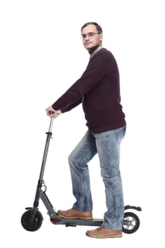 casual man with electric scooter. isolated on a white