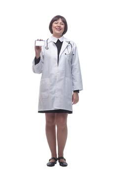 young woman doctor showing her business card .