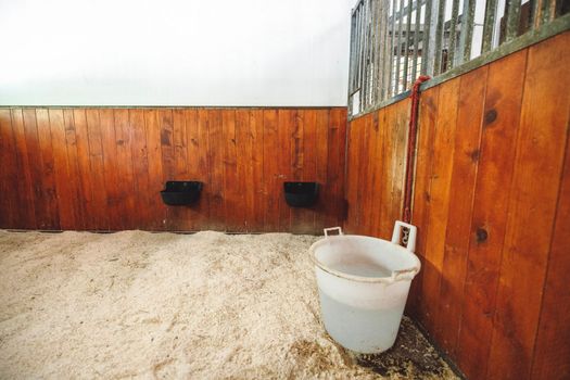 Horse stable with a bucket of water by the side