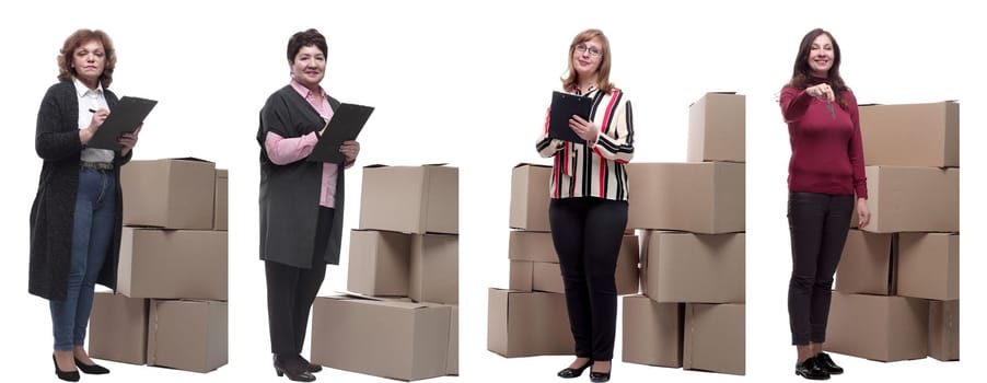 Collage of people lifting heavy cardboard box isolated