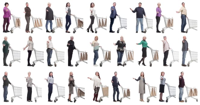 group of people with shopping cart on white background