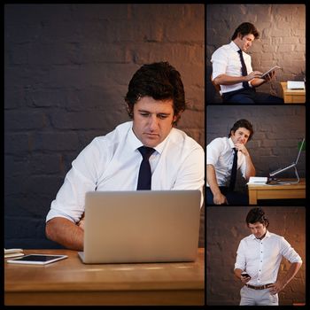He doesnt mind putting in the hours. Composite image of a businessman working in his office.