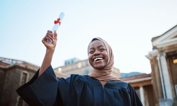Education, graduation and portrait of Muslim woman at university, college and academic campus with diploma. Celebration, certificate ceremony and girl student with success, victory and achievement