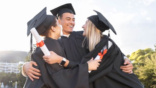 Student graduation, friends and hug for celebration, success and certified education event outdoor. Diversity, smile and excited graduates celebrate at happy campus, university goals or study support
