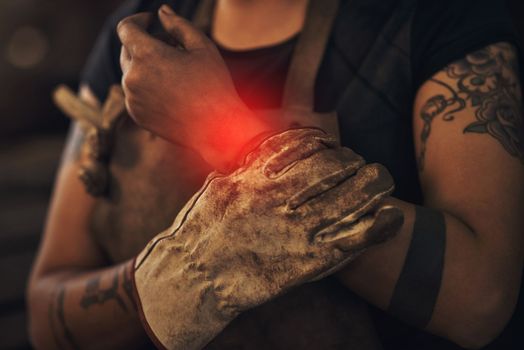 Inflammation, holding and woman with wrist pain at work, medical accident and healthcare emergency. Risk, injured and person with an arm injury, wound and trauma from a fracture or broken bone