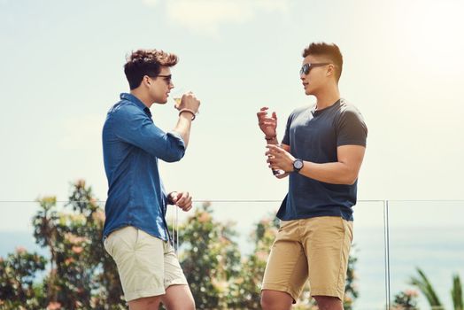 Theyre always sharing their crazy stories together. two handsome young men having drinks and relaxing outdoors while on holiday.