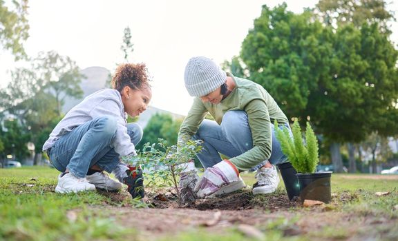 Family, plant and gardening in a park with trees in nature environment, agriculture or garden. Volunteer woman and child planting for growth, ecology and sustainability for community on Earth day