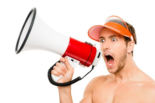 Get your butt up. a fitness trainer shouting into a megaphone against a studio background