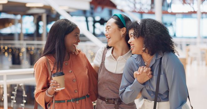 Friends, women portrait and happiness while together at a shopping mall for coffee, reunion and fun with diversity, travel and bonding. Face of different race group holding hands for gratitude