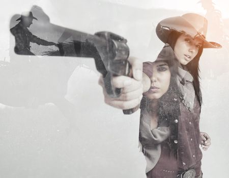 Call me maam one more time. Multiple exposure portrait of a cowgirl aiming her pistol superimposed over a western background.
