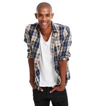 Happy black man, studio portrait and smile with confidence, attitude and happiness. Cool guy, fashion model and laughing on white background with college student, fashion clothes and handsome face.