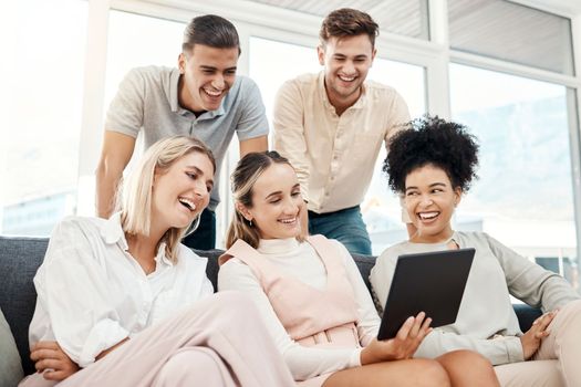 Relax, tablet and work friends on social media laughing at funny memes, online content and internet videos. Smile, team building and happy employees enjoying crazy, comic or comedy on a group break