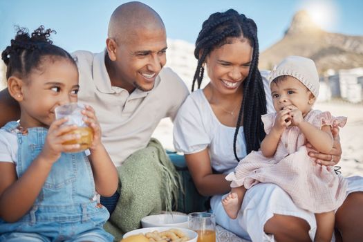Black family, beach picnic and love while on vacation eating food and having drinks while happy with mother, father and children. Baby with man, woman and sibling on summer holiday outdoor in nature