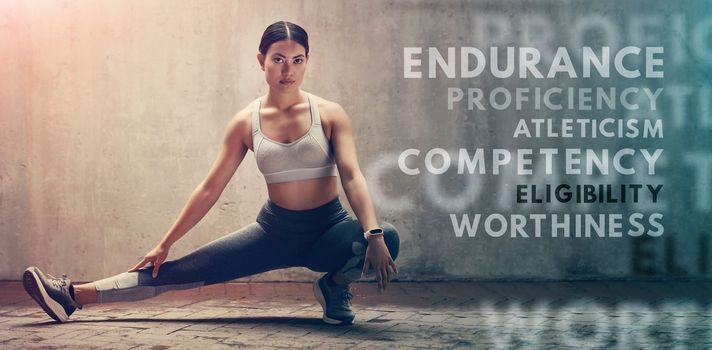Motivation, stretching and fitness words for wellness by woman exercise, workout or training. Athlete, mindset or sports quote for health and for a strong body, muscle or endurance challenge