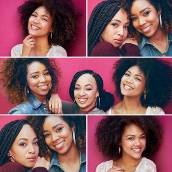 Collage, black women and friends on pink wall for beauty, happiness and afro, braids and natural hair for cosmetic, makeup and haircare portrait. Face of females together for hairstyle inspiration