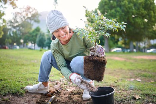 Community service, volunteering and woman plant trees in park, garden and nature for sustainability. Climate change, soil gardening and care for earth day, environmental support and green ecology
