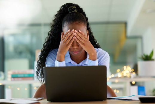 Black woman, laptop or stress in financial loss, company budget or stock market mistake in business office. Anxiety, worry or burnout for finance worker on technology, investment fintech or tax audit
