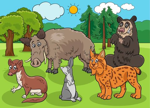 funny cartoon wild animals characters group