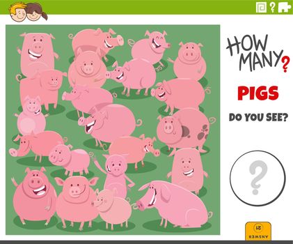 Illustration of educational counting game for children with cartoon pigs farm animal characters group
