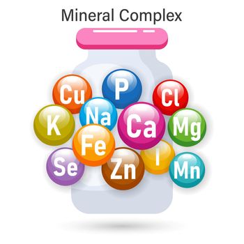 Mineral complex of healthy nutrition. Illustration of mineral icons in a medicinal vial.